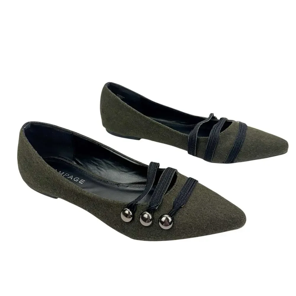 Rampage Safari Green Wool Strappy Button Pointed Toe Flats Sz 8.5 Comfort Trendy